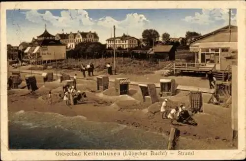 Ak Ostseebad Kellenhusen in Holstein, Ostseebad  Strand, Personen am Strand, Hotel im Hintergrund