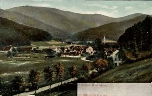 Ak Günterstal Freiburg im Breisgau, Mehrere Gebäude, eine Kirche, Bäume, Berge