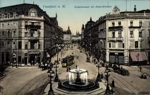 Ak Frankfurt am Main, Straßenbahn, Brunnen, Bäume, Menschen, Gebäude