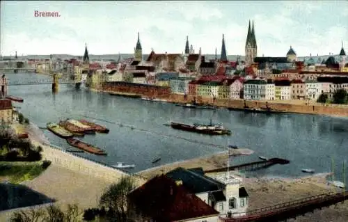 Ak Hansestadt Bremen, Blick auf die Stadt Bremen mit Weser, Dom und Rathaus.