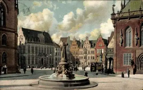 Ak Hansestadt Bremen, Straßenansicht mit Brunnen und Rathaus.