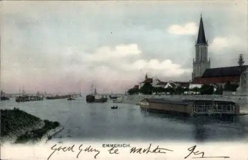 Ak Emmerich am Niederrhein, Blick auf den Rhein mit Schiffen, dahinter die Stadt