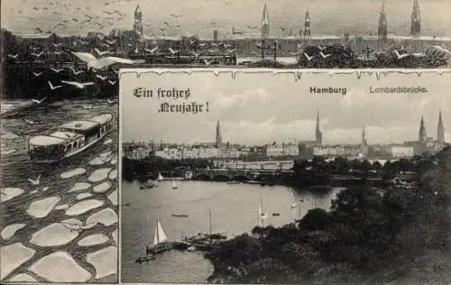 Passepartout Ak Hamburg,  Lombardsbrücke, Neujahr, Schiff auf der Elbe, Möwen