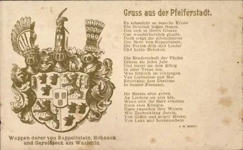 Gedicht Wappen Ak Ribeauvillé Rappoltsweiler Elsass Haut Rhin, Gruß aus der Pfeiferstadt