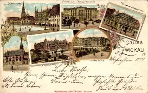 Litho Zwickau in Sachsen, Marktplatz, Gymnasium, Kriegerdenkmal, Realschule, Landgericht