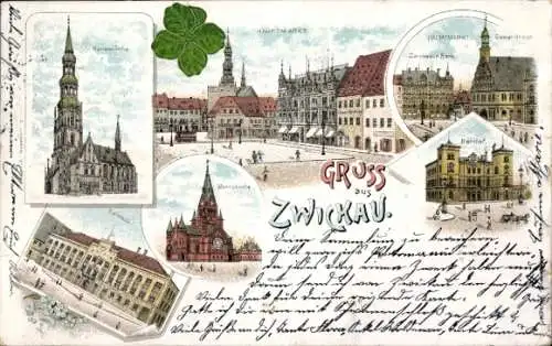 Litho Zwickau in Sachsen, Rathaus, Kirche, Hauptmarkt, Zwickauer Bank, Bahnhof