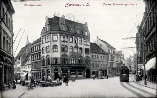 Ak Zwickau in Sachsen, Klosterstraße, Innere Schneebergerstraße, Straßenbahn