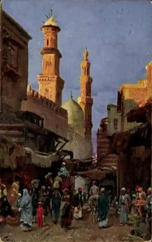 Künstler Ak Wuttke, Cairo Kairo Ägypten, Straßenpartie, Minarett, Einheimische