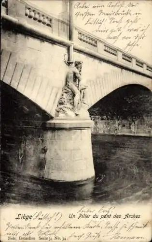 Ak Liège Lüttich Wallonien, Statue an der Brücke