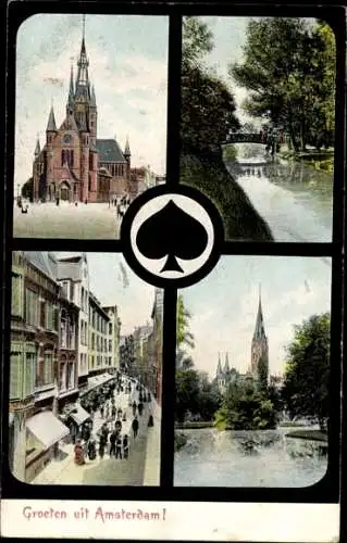 Ak Amsterdam Nordholland Niederlande, Straßenpartie, Kirche, Kanal, Spielkarte