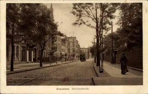 Ak Grudziądz Graudenz Westpreußen, Schützenstraße, Straßenbahn