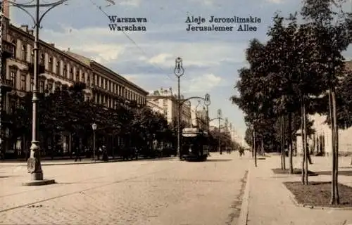 Ak Warszawa Warschau Polen, Jerusalemer Allee, Straßenbahn