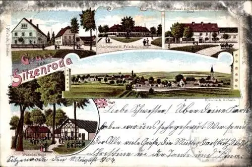 Litho Sitzenroda Belgern Schildau in Nordsachsen, Gasthaus z. goldenen Lamm und Fass, Kirche, Schule