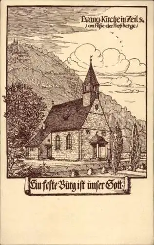 Ak Zeil am Main Unterfranken, Evangelische Kirche am Fuße der Haßberge
