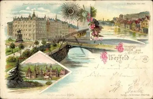 Litho Elberfeld Wuppertal, Brücke, Gebäude, Fluss, alte Postkarte, farbige Illustration