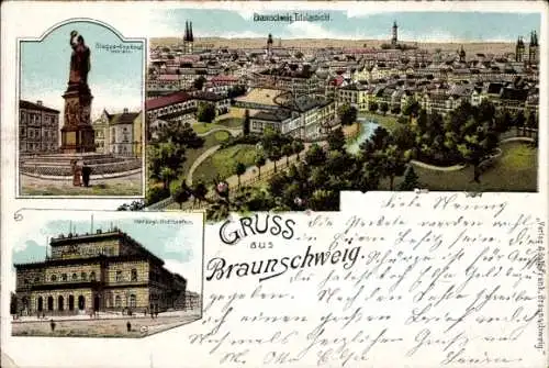 Litho Braunschweig in Niedersachsen, Stadtansicht, Siegesdenkmal, Herzog Hofbesten, Postkarte