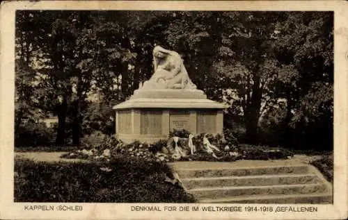 Ak Kappeln an der Schlei, Denkmal für die gefallenen Soldaten, Bäume, Blumen, Gedenktafel