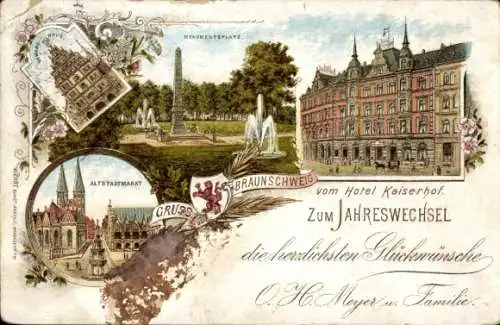 Ak Braunschweig in Niedersachsen, Postkarte mit Altstadtmarkt, Denkmalplatz, Hotel Kaiserhof, ...