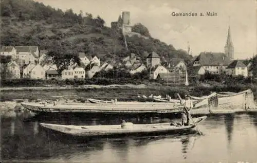 Ak Gemünden am Main Unterfranken, Stadtansicht von Gemünden, Fluss, Boote, Burgruine, Kirchturm