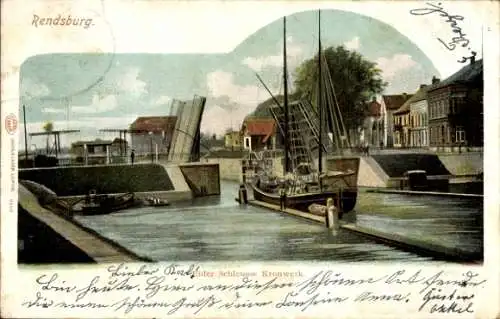 Ak Rendsburg in Schleswig Holstein, Hafen mit Schleuse, Schiffe, historische Gebäude, Brücke, ...