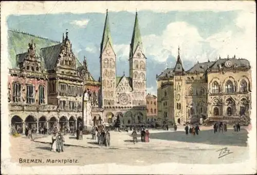 Künstler Ak Hansestadt Bremen, Blick auf den Marktplatz, Kirche, Passanten