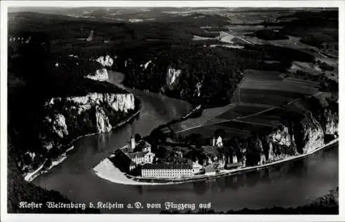 Ak Kelheim an der Donau Niederbayern, Kloster Weltenburg, Fliegeraufnahme