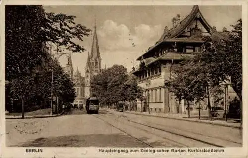 Ak Berlin Tiergarten, Haupteingang zum Zoologischer Garten, Kurfürstendamm, Straßenbahn