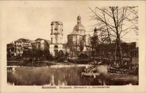 Ak Mannheim in Baden, Stadtpark, Sternwarte u. Jesuitenkirche