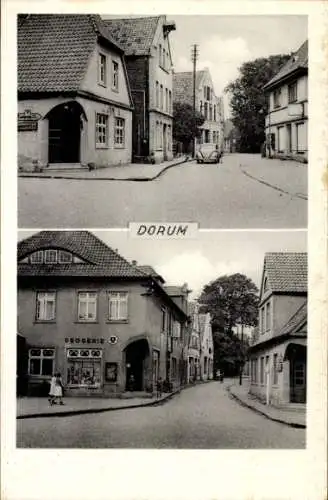 Ak Dorum Wurster Nordseeküste Landkreis Cuxhaven, Straßenpartie, VW Käfer, Drogerie