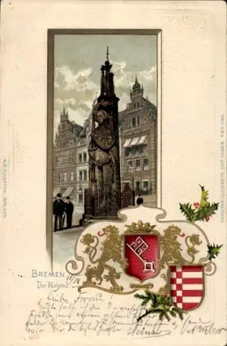 Präge Wappen Passepartout Litho Hansestadt Bremen, Der Roland, Glückwunsch Neujahr