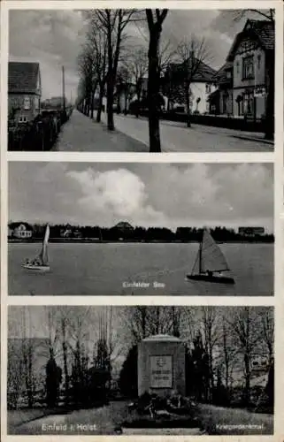 Ak Einfeld Neumünster in Holstein, Kriegerdenkmal, ruhige Straßenansicht, Segelboote