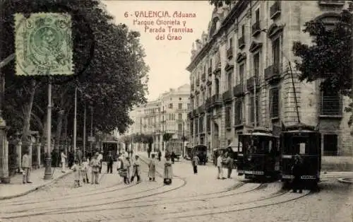 Ak Valencia Stadt Spanien, Postkarte mit Straßenbahn, Parque Glorieta, Menschen