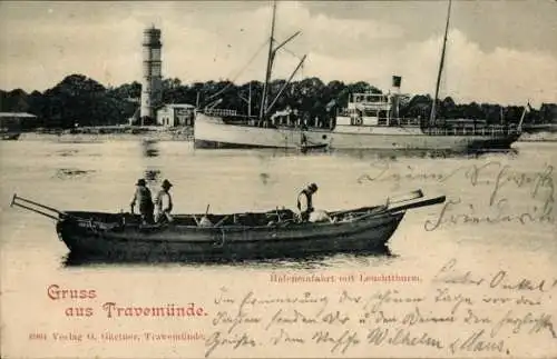 Ak Ostseebad Travemünde Lübeck, Hafeneinfahrt mit Leuchtturm, Fischerboot, Schiffe