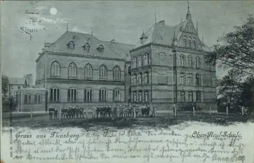 Mondschein Ak Flensburg in Schleswig Holstein, Ober-Real-Schule, historische Schulgebäude