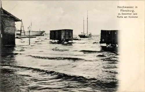 Ak Flensburg in Schleswig Holstein, Hochwasser, Dezember 1904, Nordertor