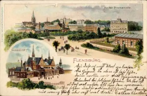 Litho Flensburg in Schleswig Holstein, Staatsbahnhof, Partie an der Promenade