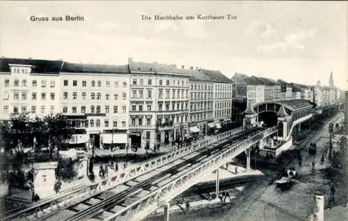 Ak Berlin Kreuzberg , Hochbahn am Kottbuser Tor, Gebäude, Straßenbahn, historische Ansicht