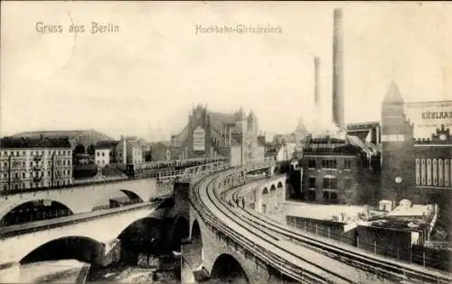 Ak Berlin Kreuzberg , Fabrikansicht, Hochbahn-Gleisdreieck, historische Architektur, Brücke