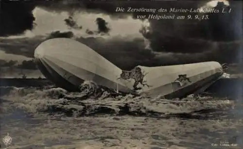 Ak Nordseeinsel Helgoland, Zerstörung des Marine-Luftschiffes Zeppelin Sachsen am 9. September 1913