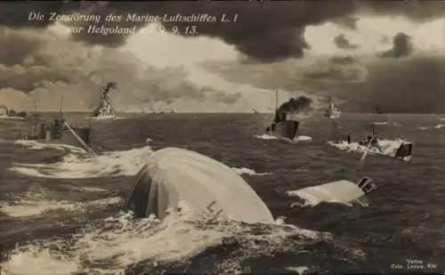 Ak Zerstörung Marine Luftschiff L 1 vor Helgoland 1913