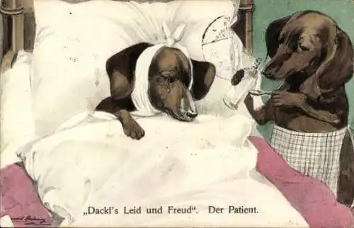 Künstler Ak Brüning, Edmund, Dackls Leid und Freud, Patient