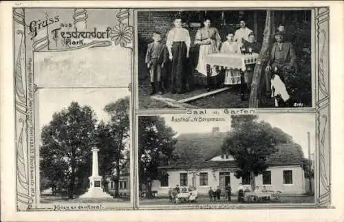 Ak Teschendorf in der Mark, Kriegerdenkmal, Gasthof W. Bergemann, Radfahrstation, Garten