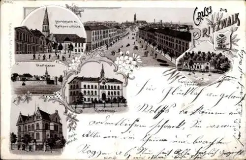 Litho Pritzwalk in der Prignitz, Krankenhaus, Bankgebäude, Marktplatz, Rathaus, Stadtmauer