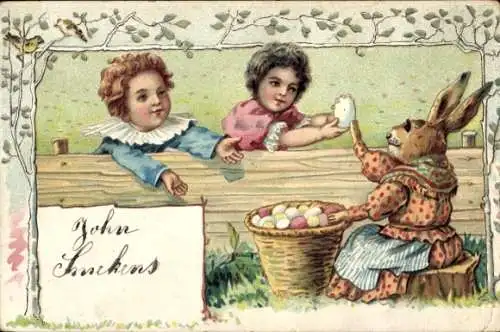 Litho Glückwunsch Ostern, Kinder, Osterhase, Ostereier