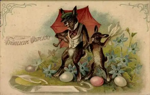 Litho Glückwunsch Ostern, Osterhasen, Vergissmeinnicht, Ostereier