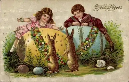 Glitzer Präge Ak Glückwunsch Ostern, Osterhasen, Kinder, Ostereier