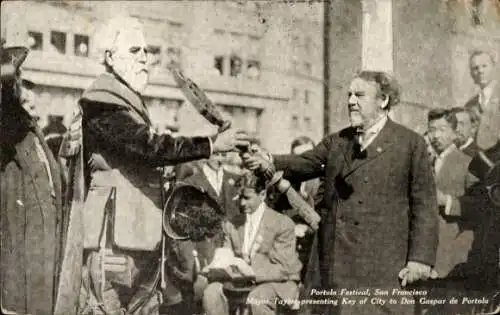 PC San Francisco California USA, Portola Festival, Mayor Taylor presenting Key of City to Don Gaspar