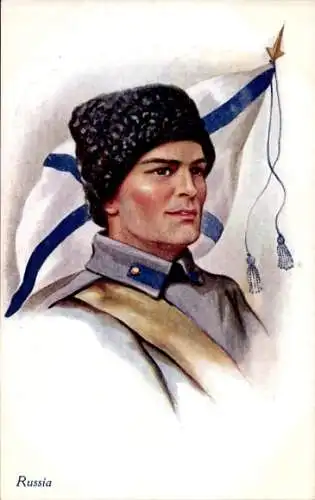 Ak Russischer Soldat in Uniform, Gemaltes Porträt, Fahne