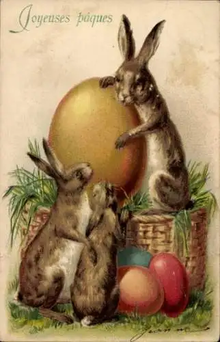 Präge Ak Glückwunsch Ostern, Osterhasen, Bunte Ostereier