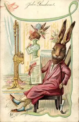 Litho Glückwunsch Ostern, vermenschlichte Osterhasen, Zeitung